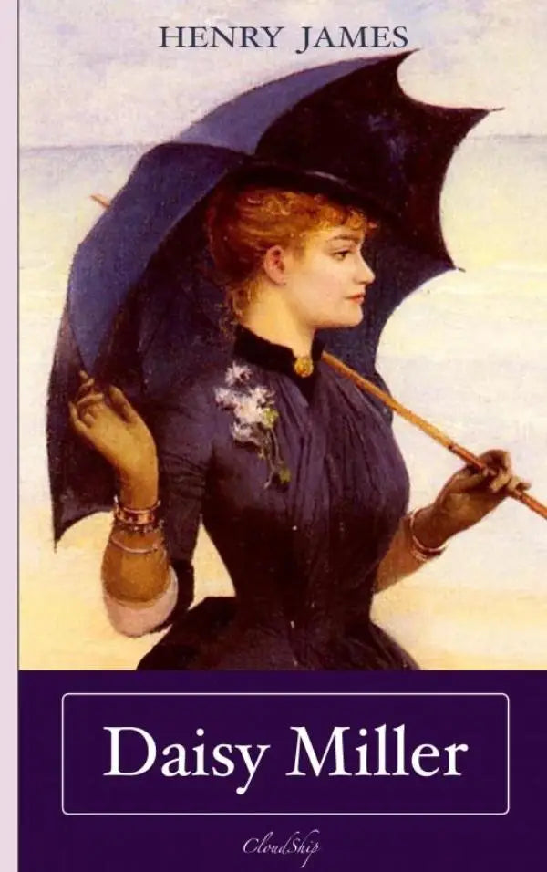 De daisy miller cover toont een vrouw in een elegante donkerblauwe jurk met verfijnde bloemenborduursels en gouden sieraden