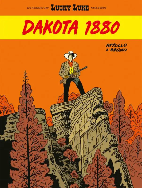 Lucky luke comic cover dakota 1880 with bold red title on yellow banner in orange background for strips algemeen and lucky comics