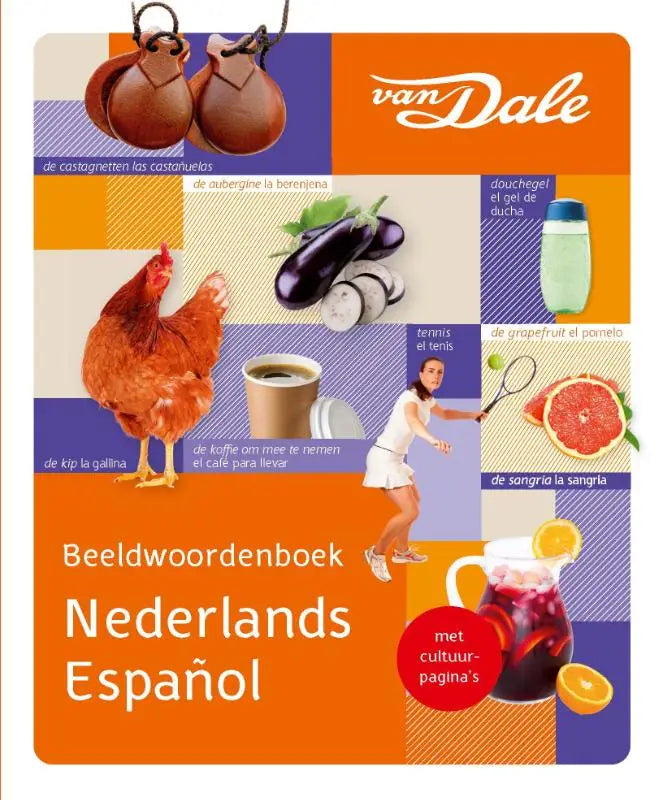 Orange and purple cover of the van dale beeldwoordenboek nederlands spaans dictionary for language learning