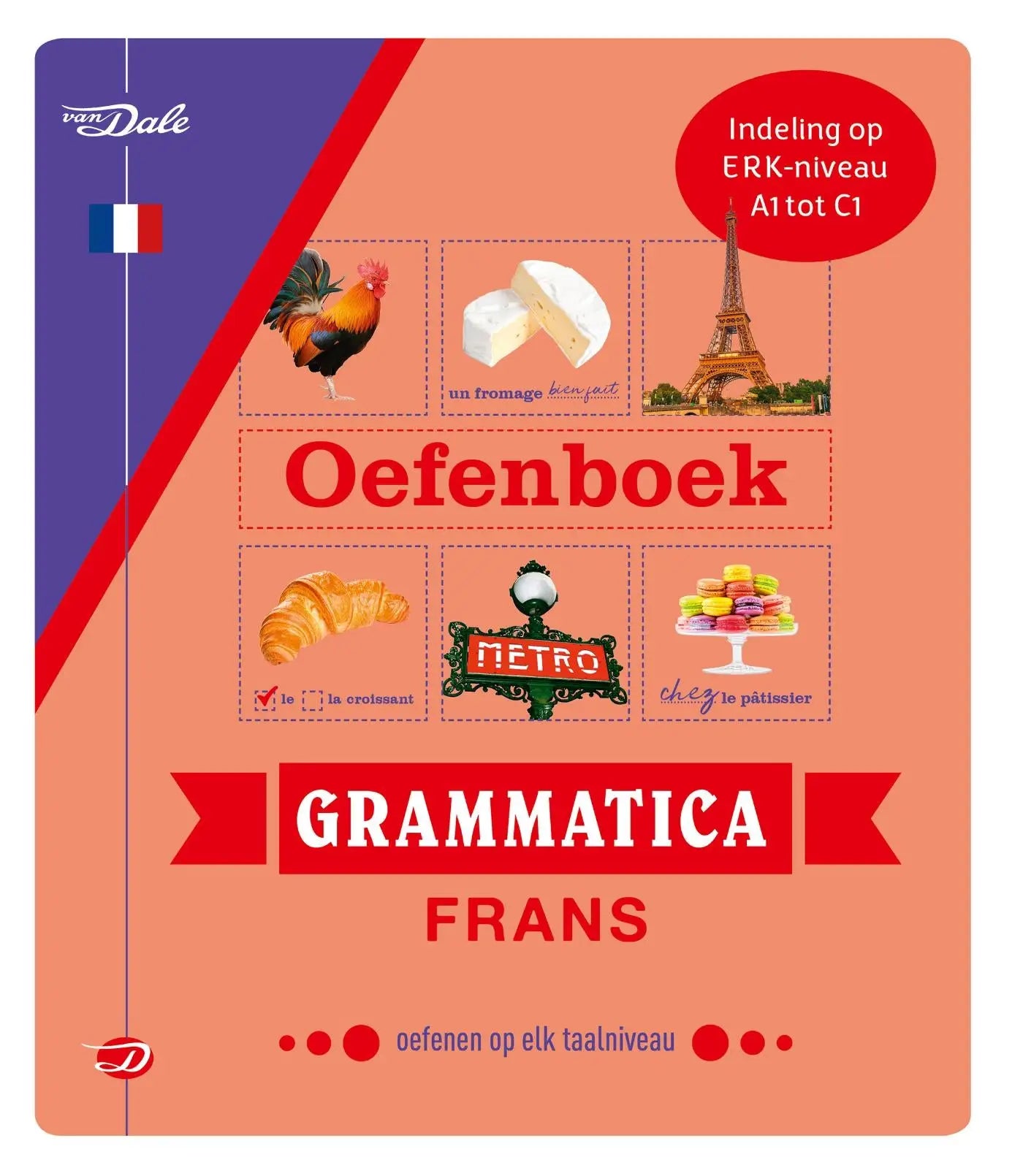 Van dale oefenboek grammatica frans oranje en paars met illustraties van haan kaas eiffeltoren en meer