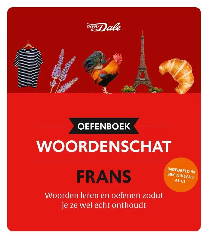 Rood van dale oefenboek woordenschat frans met illustraties van gestreept shirt lavendel haan eiffeltoren en croissant
