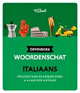 Groene kartonnen doos van dale oefenboek woordenschat italiaans met illustraties van houten voorwerpen van maria rita sorce