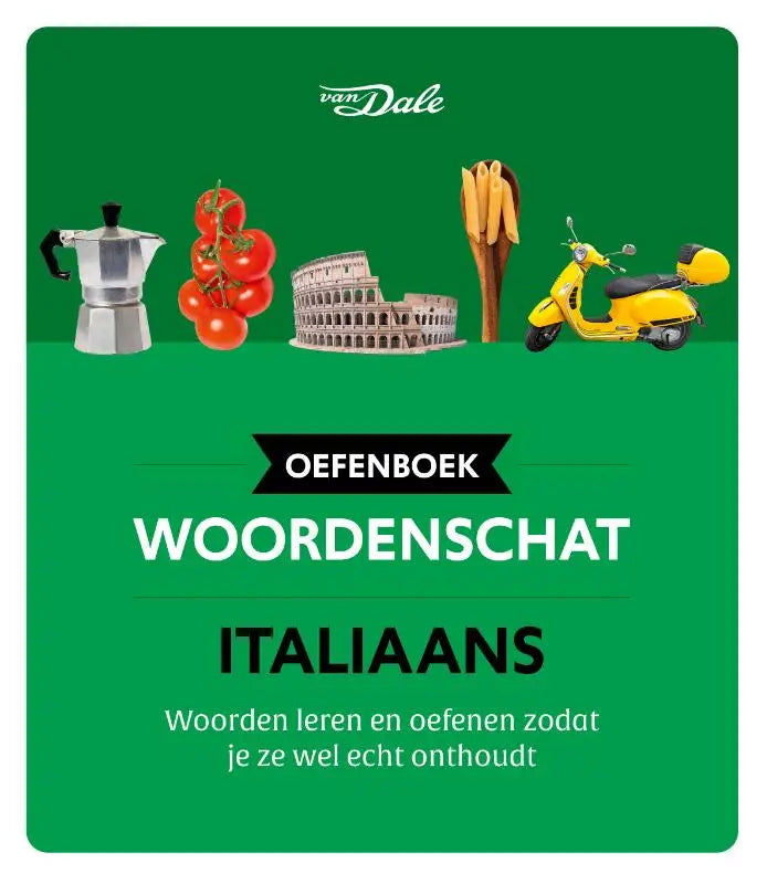 Gele vespa scooter afgebeeld naast het oefenboek woordenschat italiaans van van dale
