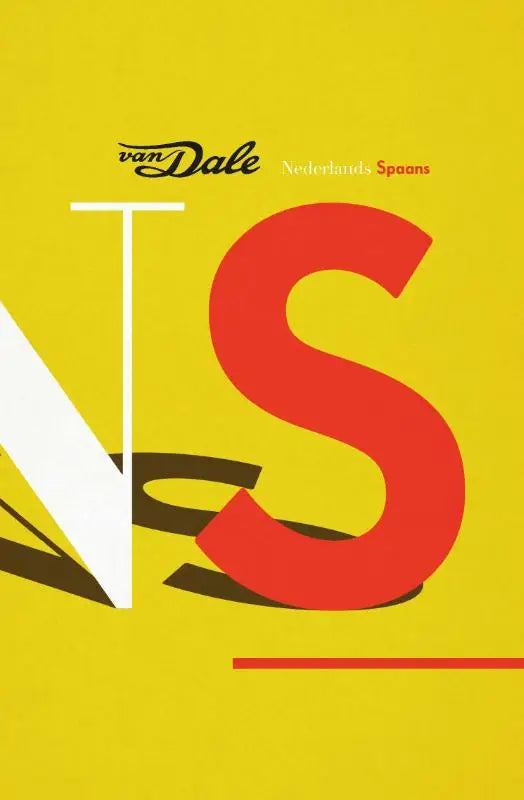 Cover van dale pocketwoordenboek nederlands-spaans met opvallende rode en witte letters op gele achtergrond