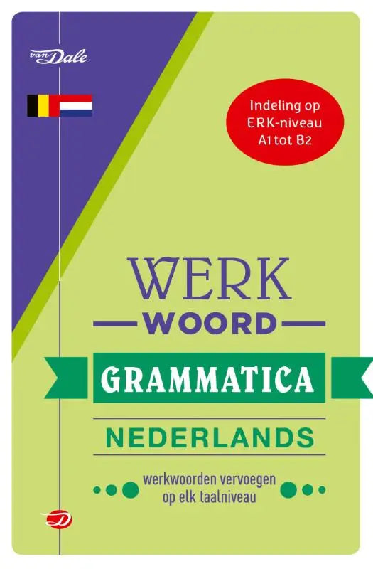 Van Dale werkwoordgrammatica Nederlands boek met limegroene en paarse omslag voor werkwoorden vervoegen A1 tot B2