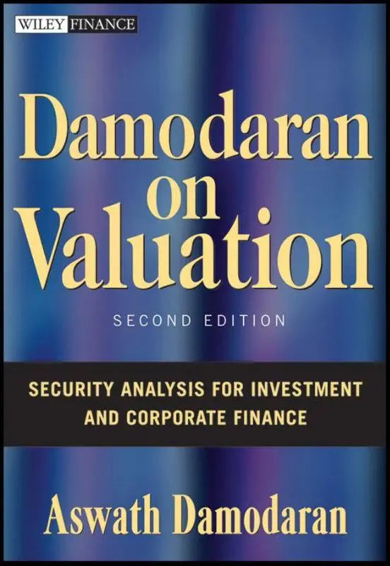 De boekcover van damodaran on valuation toont de titel in gouden letters op een blauw verloop met aswath damodaran en bedrijfsfinanciering