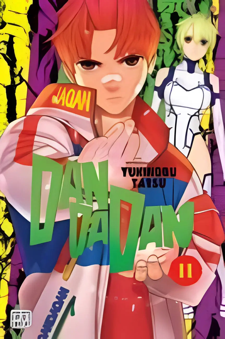 De omslag van manga dandadan volume 11 door tukinobu tatsumi met roodharig personage in witrood jack met groene letters