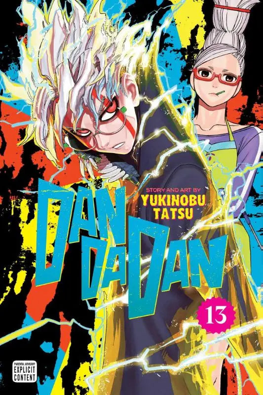 Vibrante manga cover van dandadan vol 13 met elektrische, dynamische personages en felle kleurvlekken