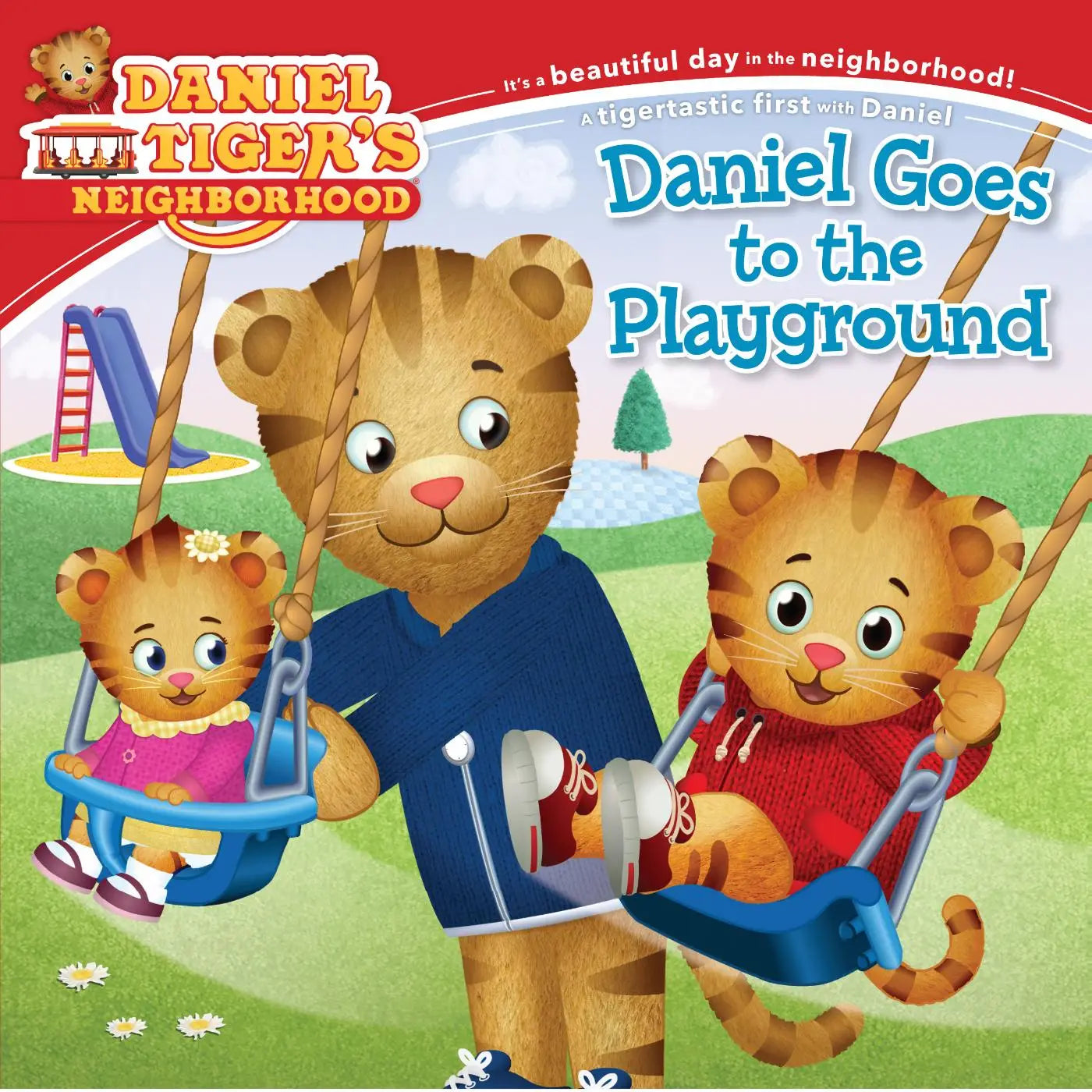 Kinderboek daniel goes to the playground toont daniel, zijn zus en vriend op schommels in daniel tigerwijk