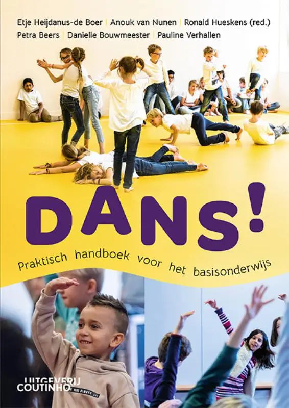 Dans! boekomslag: dansende kinderen in witte shirts en jeans, geel met paarse titel