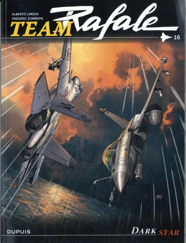 De cover van dark star toont twee metalen grijze gevechtsvliegtuigen in mid-air gevecht tegen een vurige lucht, team rafale, frederic zumbiehl