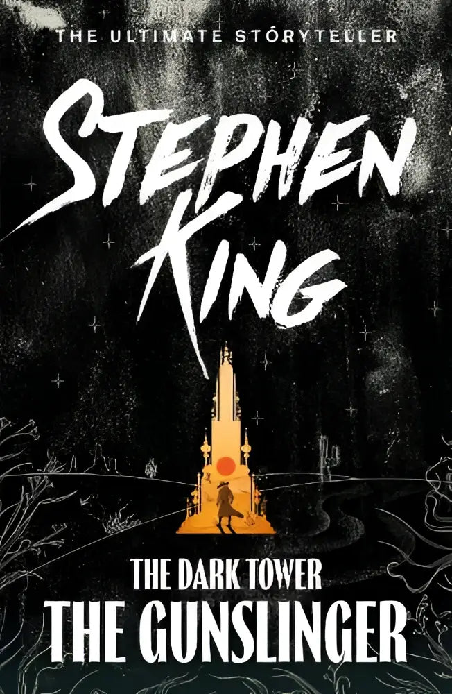 Hardcover boek dark tower i the gunslinger met zwart-wit illustratie en oranje toren op donkere lucht