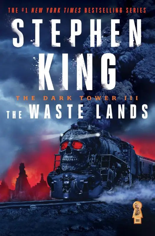 Dark tower iii boekomslag met donkerblauwe en zwarte locomotive met schedelthema en gloedende rode ogen