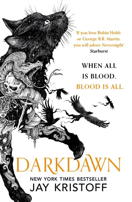 Darkdawn boekomslag met zwarte inktillustratie van een kat met ingewikkelde interne details en vliegende vogels