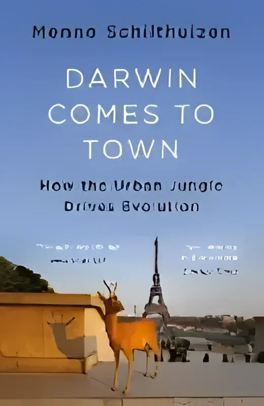 Boekcover van darwin comes to town door menno schilthuizen met stadslandschap en eiffeltoren in warme goudtinten
