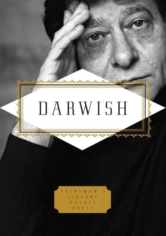 Zwartwit omslag van een everymans library pocket gedichtenboek darwish met portret van mahmoud darwish en goudkleurige omlijsting