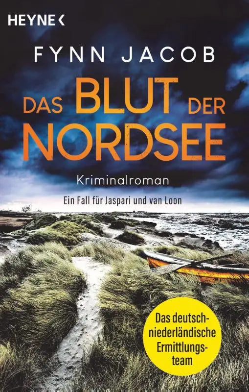 Das blut der nordsee kriminalroman cover zeigt ein fall für jaspari und van loon mit orangem titel vor stürmischem himmel
