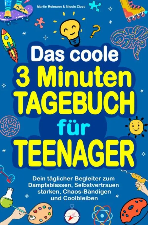 Vibrante blauwe cover van das coole 3 minuten-tagebuch für teenager met speelse illustraties als begleiter zum dampfablassen