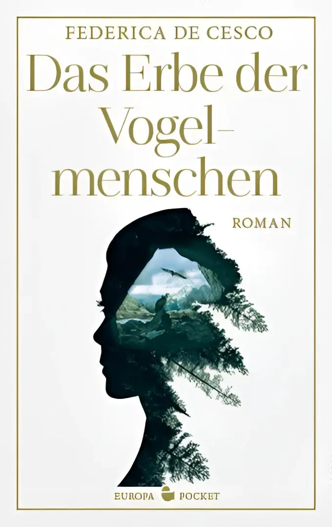 Das erbe boekomslag met zwarte mensenhoofdsilhouet en natuur met bomen bergen en vogels