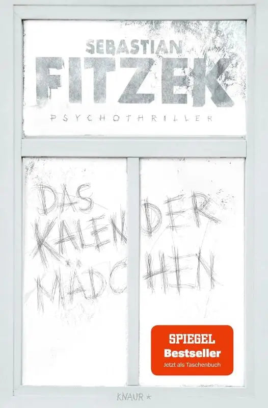 De boekcover van das kalendermädchen toont een wit raamkozijn ontwerp met de titel in potloodschrift, uitgegeven door knaur