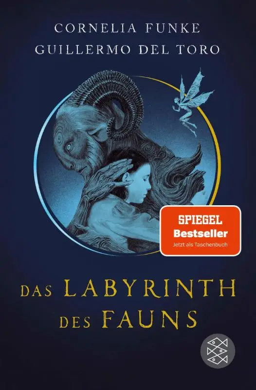 Donkerblauwe boekcover van labyrinth des fauns met cirkelillustratie van faun en fee door cornelia funke en guillermo del toro