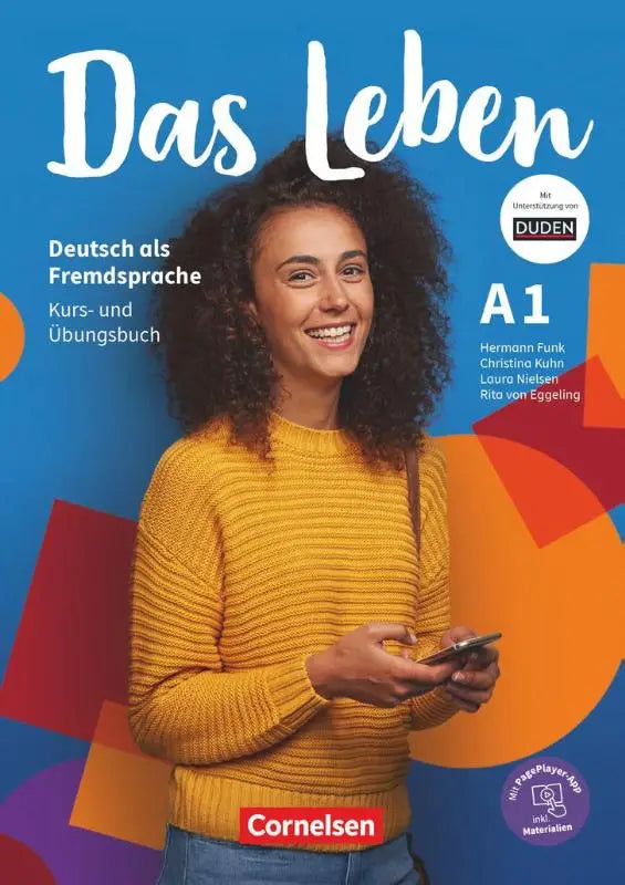 Gele gebreide trui met ribbelstructuur gedragen door model op de cover van das leben a1 niveau a1-b1