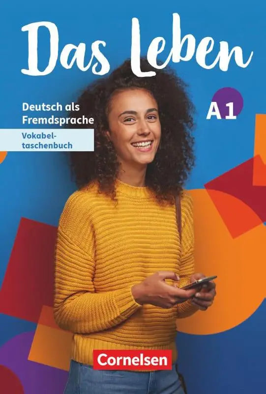 Vrouw met gele geribbelde katoenen trui lachtend voor reeks das leben glossar deutsch productfoto