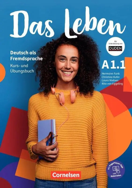 Vrouw met krullend haar in gele ribgebreide trui met roze koptelefoon bij das leben niveau a1-b1 productbeeld
