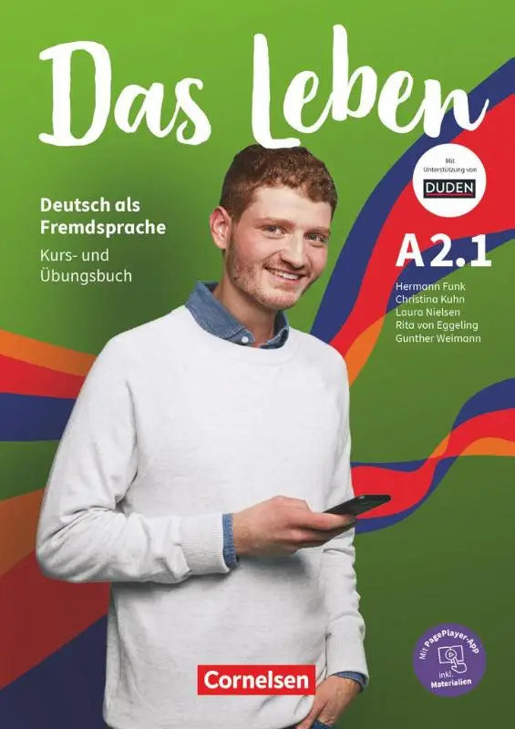 Groen omslag das leben a2.1 duitse taalcursus met een glimlachende jongeman en smartphone voor niveau a1-b1