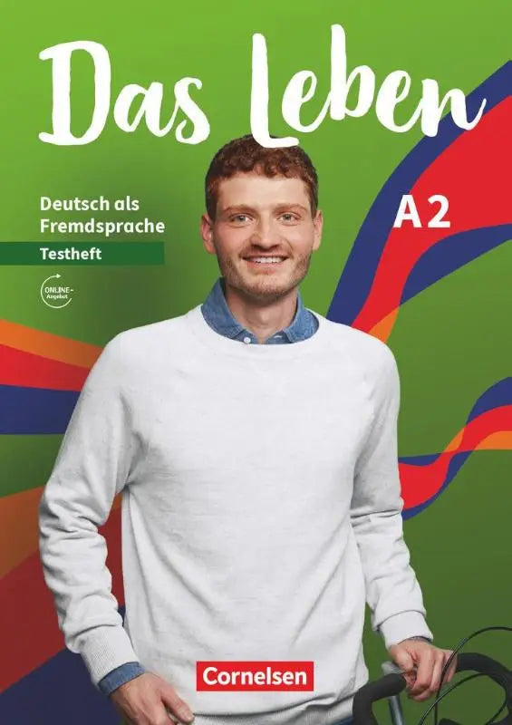 Een man in een witte trui en blauwe overhemd poseert voor een kleurrijke achtergrond bij reeks Das Leben A2 testheft