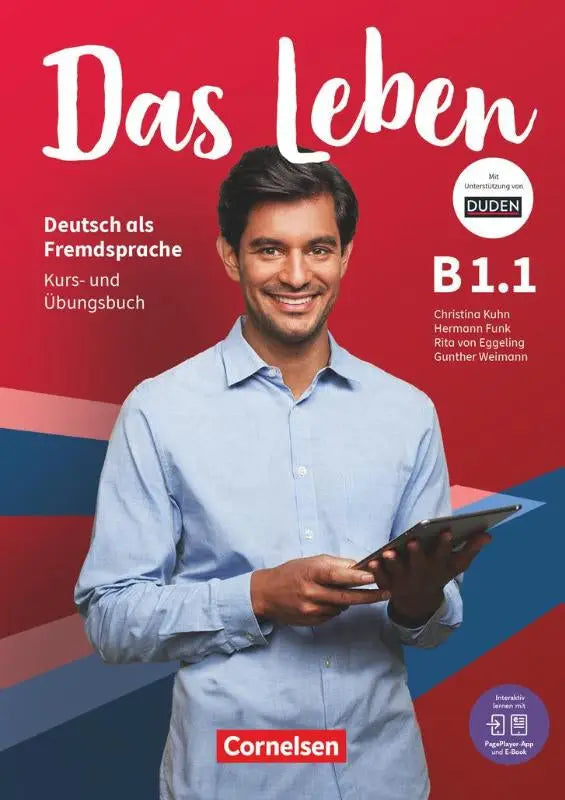 Rood gedekte german taalleerboek das leben b1.1 door cornelsen met een man en tablet voor niveau a1-b1 gebruikers