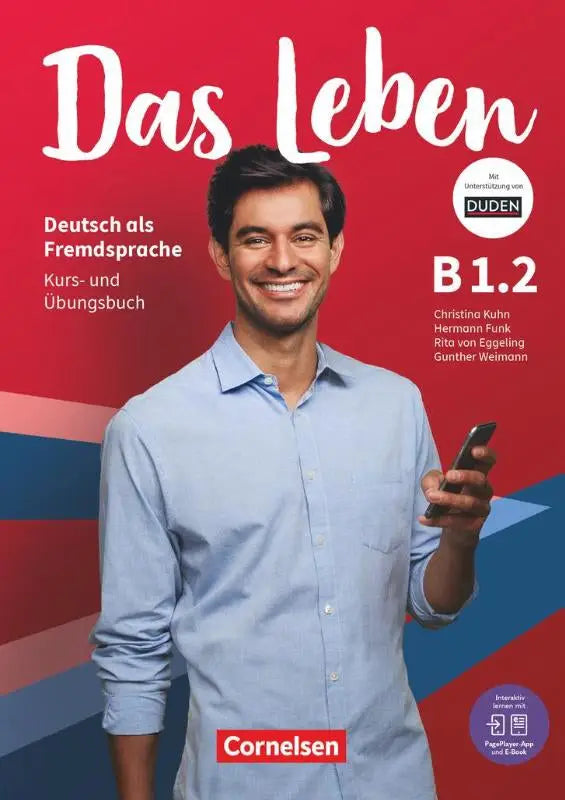 Een glimlachende man in een lichtblauw overhemd met een smartphone voor de cover van das leben b1 niveau a1-b1 cursusboek
