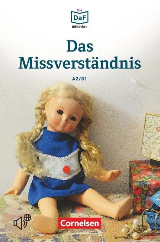 Vintagepop met blond gevlochten haar in een blauw jurk met wit kanten rand en rode knoop das missverständnis daf daz-lerenden