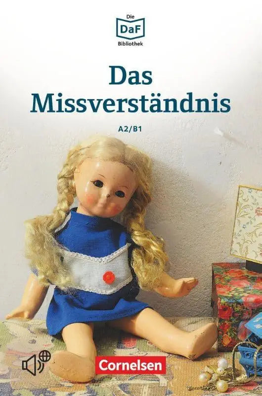 Een vintage stijl blonde pop met gevlochten haar in een blauwe jurk met witte kant en rode knoop das missverständnis daf daz lerenden