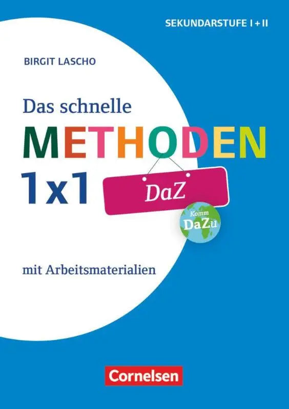 Helderblauwe textbook cover van das schnelle methoden-1x1 met kleurrijke letters, roze label en groene globe voor daz
