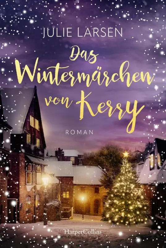 Een gezellig winters boekomslag van das wintermärchen von kerry met besneeuwde bakstenen huizen en kerstboom