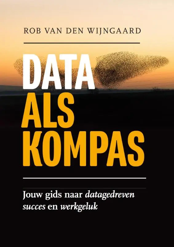 Boekcover van datagedreven succes gids data als kompas met witte en gele tekst en vogelvorm tegen zonsondergang