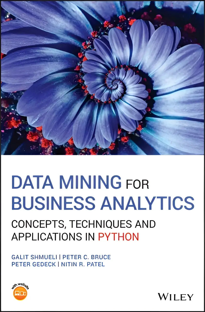 The book cover shows a vibrant blue and purple spiral flower design for data mining for business analytics by Galit Shmueli