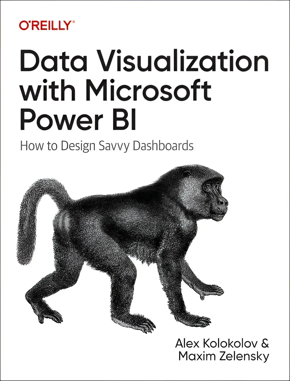 Boekomslag van data visualization met microsoft power bi met zwart-witte illustratie van baviaan over hoe te ontwerpen