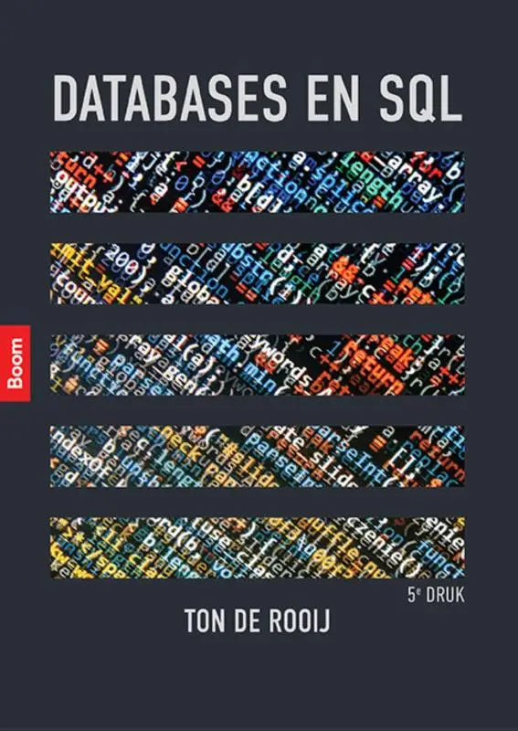 Donkergrijs boek cover databases en sql met witte hoofdletters en kleurrijke sql code banden 5e editie boom door ton de rooij