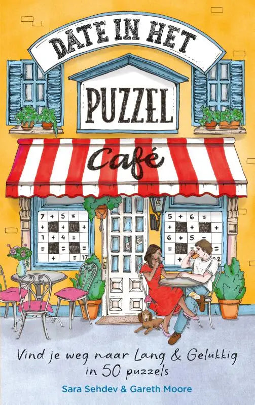 De cover van het puzzelboek date in het puzzel café toont een gezellige caféillustratie met rood-wit gestreepte luifel en puzzels