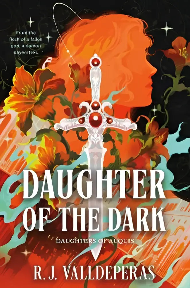 Zilverzwaard met rode edelstenen in de handgreep tegen een oranje silhouet van een vrouw met bloemen dochter van the dark