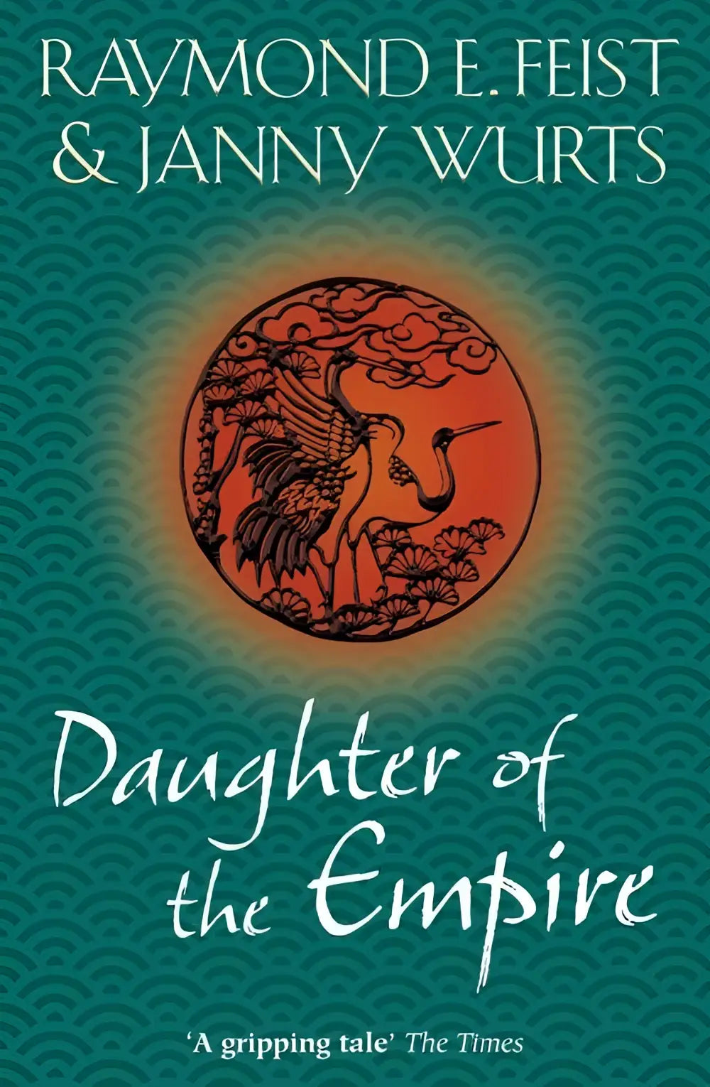 De boekcover van daughter of the empire toont een oranje en zwarte cirkel met twee kraanvogels tegen een teal achtergrond
