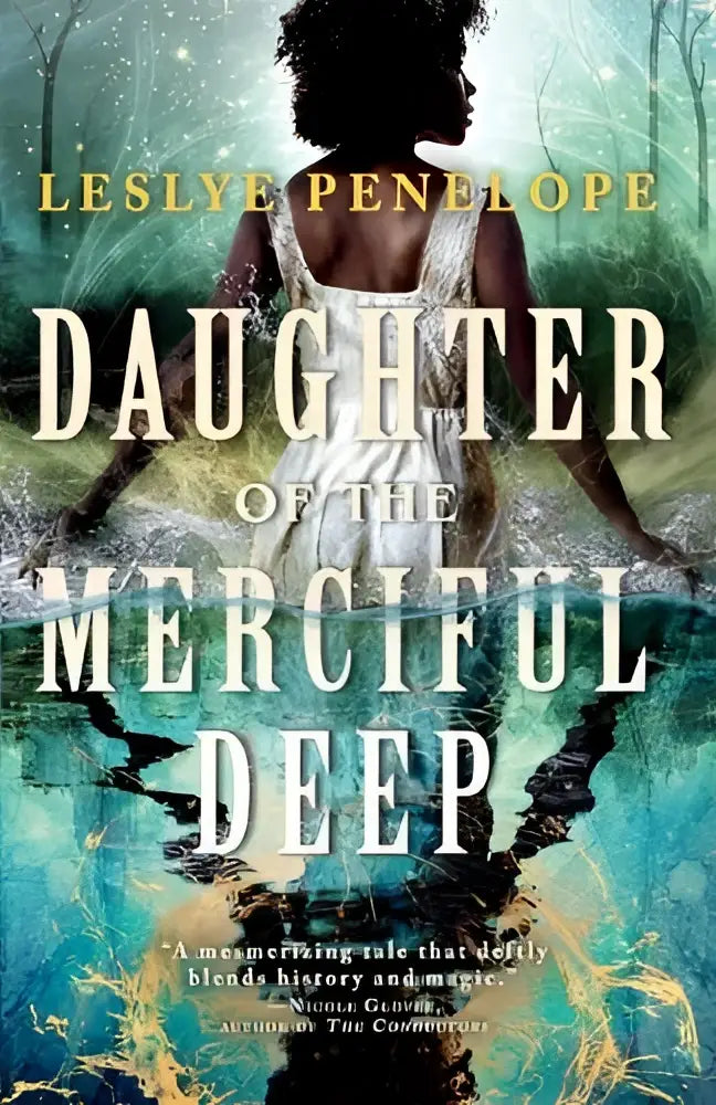 De boekcover van daughter of the merciful deep toont een vrouw in een witte jurk tussen draaiend turquoise water