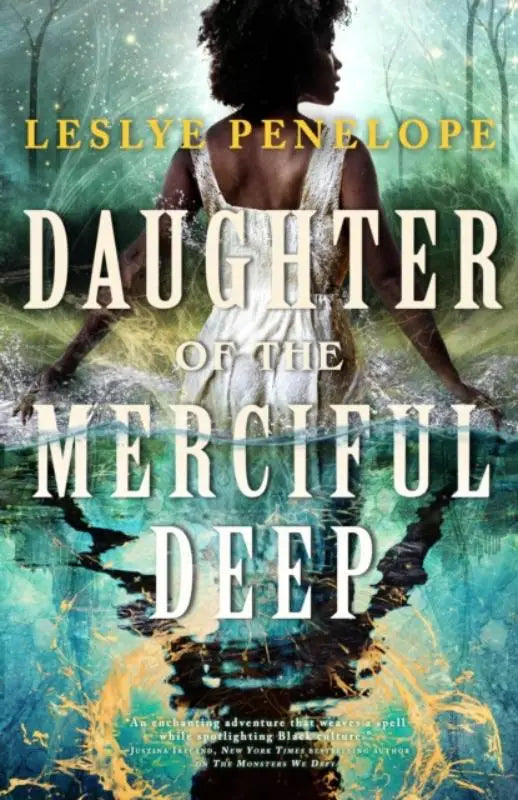 The book cover of daughter of the merciful deep shows a woman in a white dress against swirling teal waters