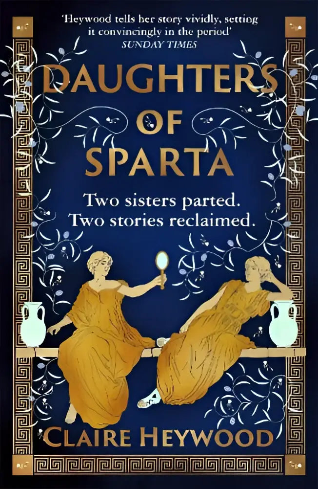 De boekomslag van daughters of sparta toont twee gouden figuren met klassieke kleding op een blauwe achtergrond en thema van betrayal and revenge