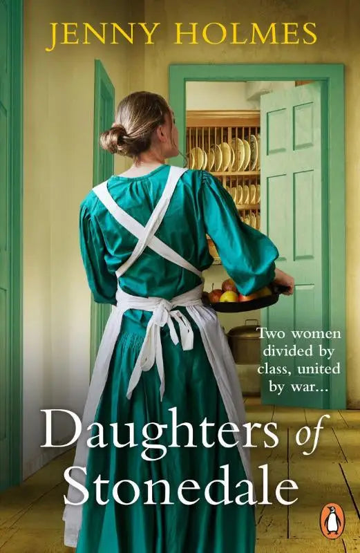 A woman in a teal satin dress with a white cross-back apron holds a wooden tray of fruit in daughters of stonedale by jenny holmes historische romance