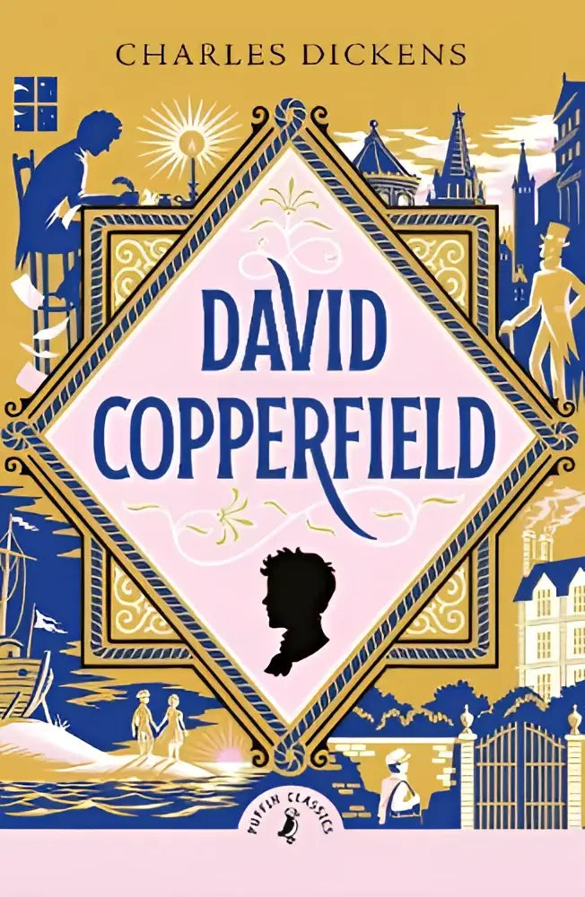 Cover van de puffin classics editie van david copperfield door charles dickens met blauwe en gouden illustraties en roze paneel