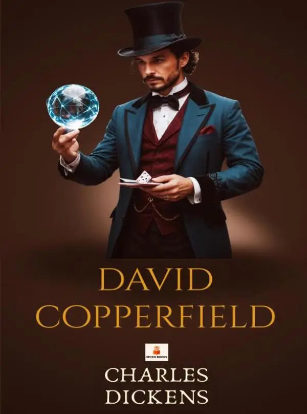 Een man in een teal pak en zwarte hoge hoed houdt een gloeiende blauwe kristallen bol in david copperfield van charles dickens
