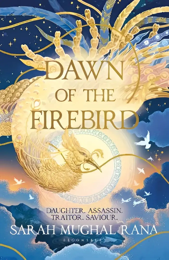 De cover van dawn of the firebird toont een gouden vuurvogel tegen een blauwe en oranje lucht voor de bestselling revenge high fantasy